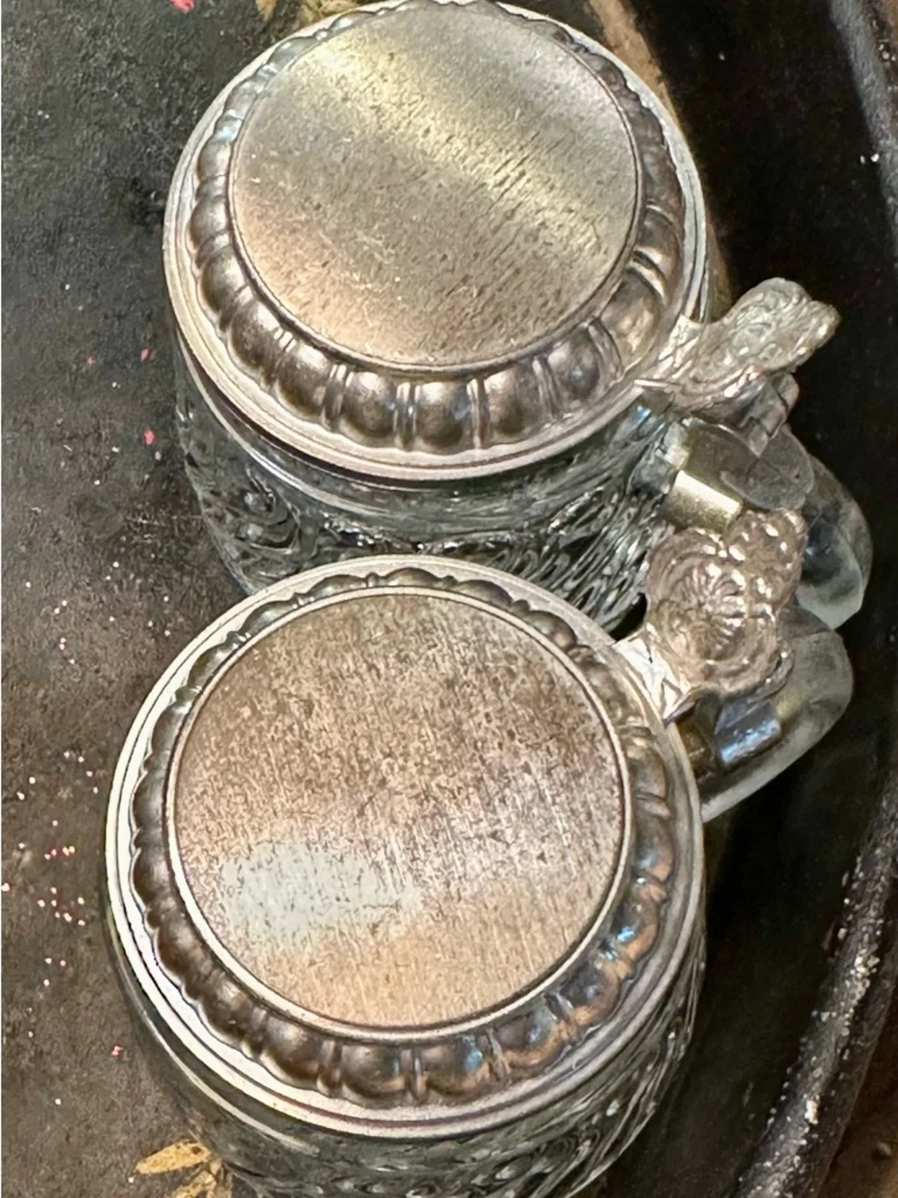 2 Vintage BMF Mini Glass Beer Steins W Germany Glass Pewter Lid Pair